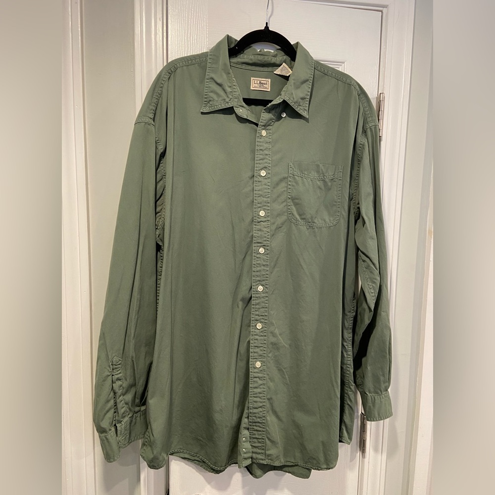 L.L. Bean Size XXL Tall Army Green Button Down Cotton Long Sleeve Collared Shirt